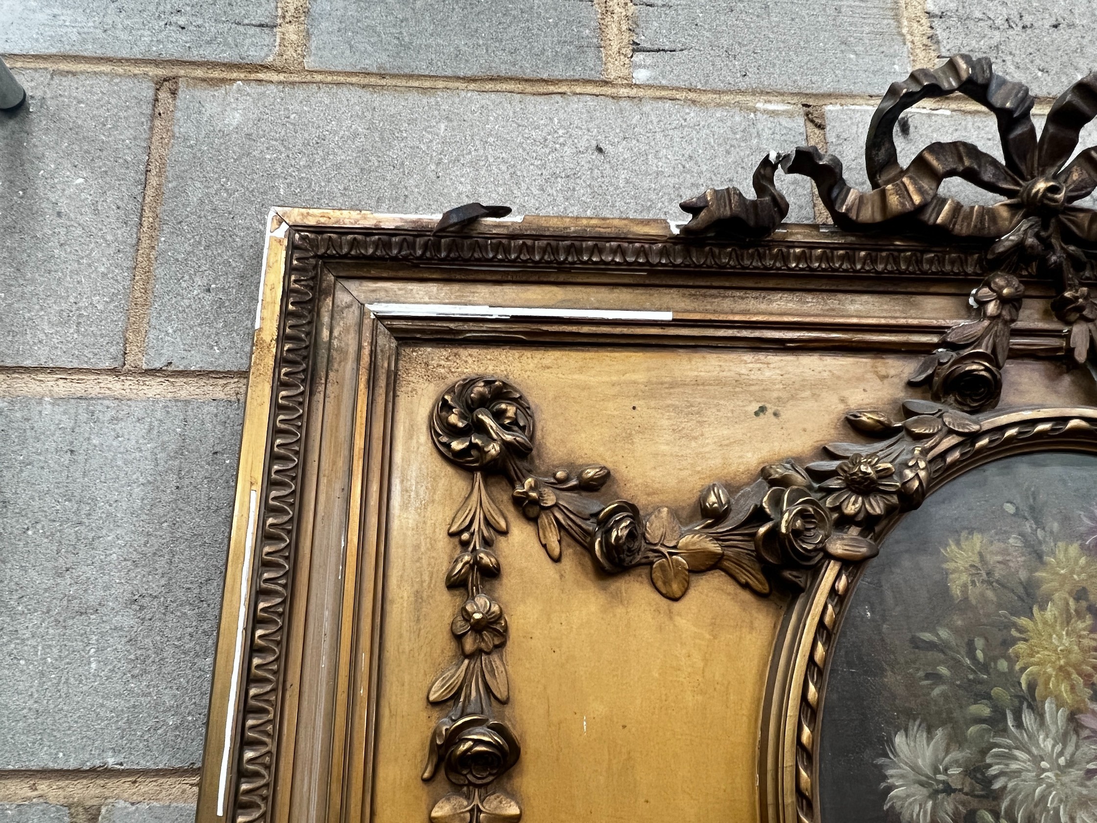 A large French painted, gilt wood and gesso Trumeau mirror, width 99cm height 208cm
